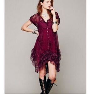 FP Movement by Free People Asymmetrical Lace Dress in Deep Burgundy